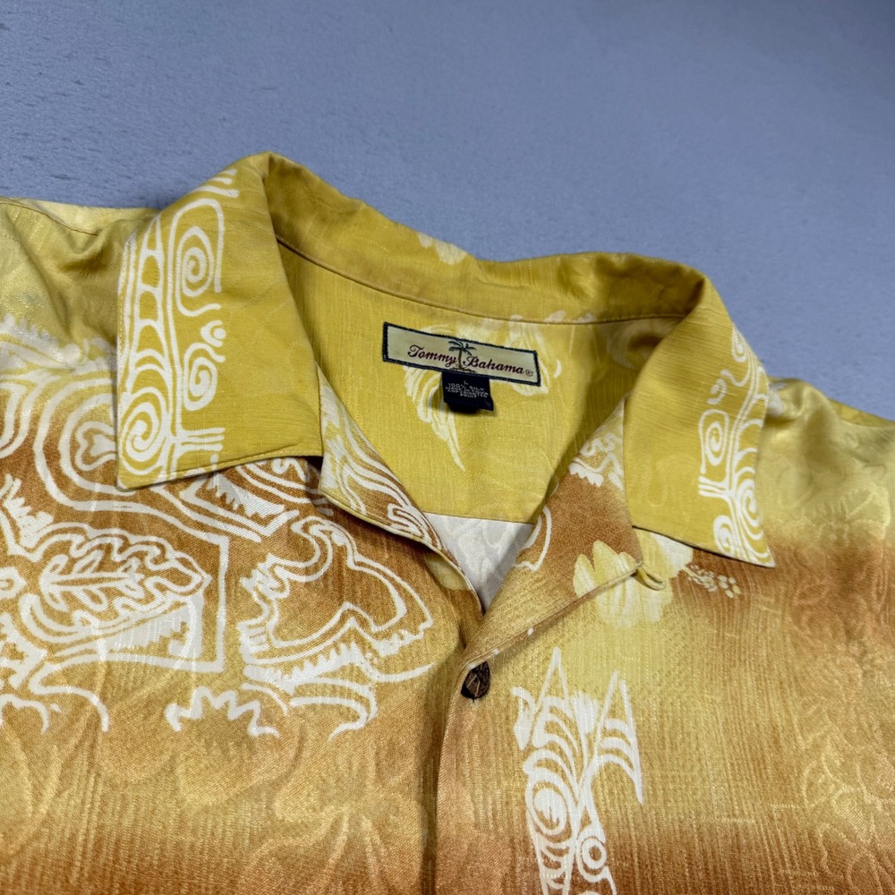 Tommy Bahama Mens Large Silk Camp Shirt Yellow Orange Tropical Batik Print L